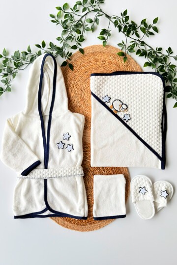 KUZULU BEBEK HAVLU BORNOZ TAKIMI LACİVERT