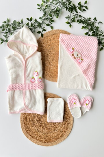 KUZULU BEBEK HAVLU BORNOZ TAKIMI PEMBE